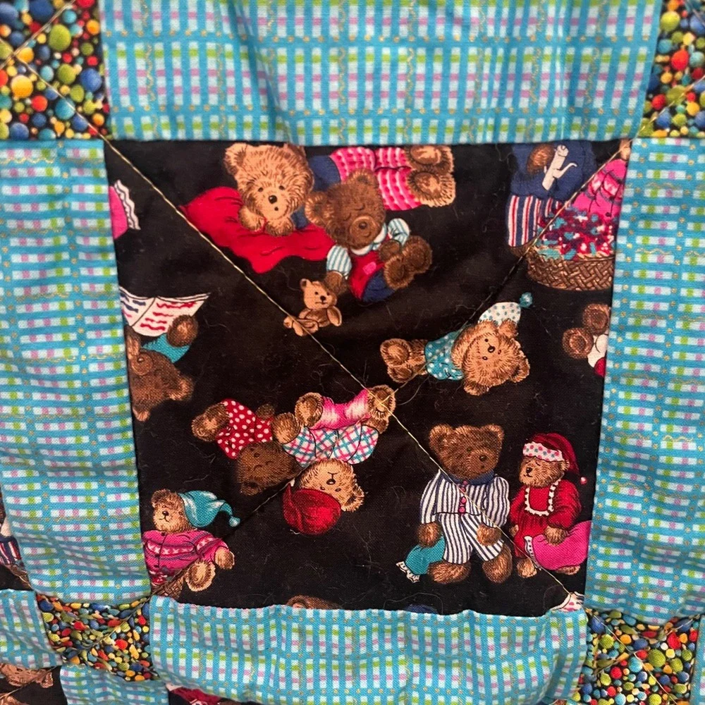 Handmade Teddy Bear Quilt Neon Paint Splatter Reverse Blue Gingham crib Blanket